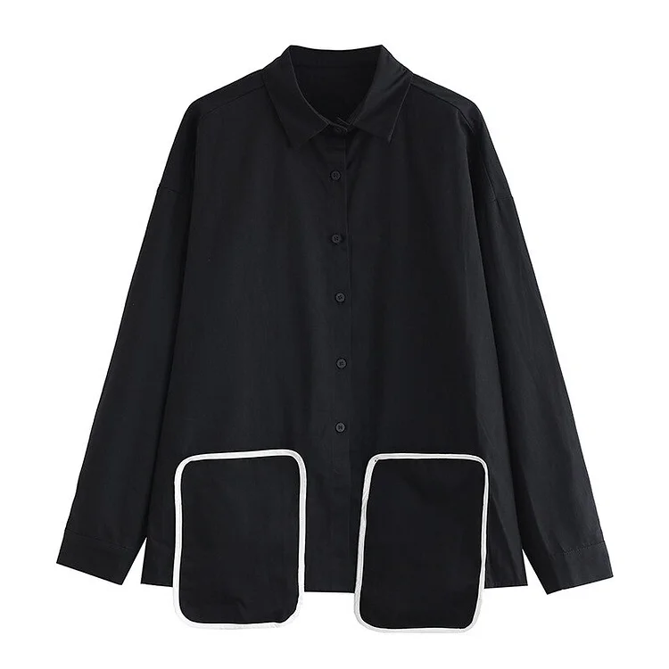 Casual Loose Solid Color Lapel Single-breasted Splicing Pockets Long Sleeve Shirt