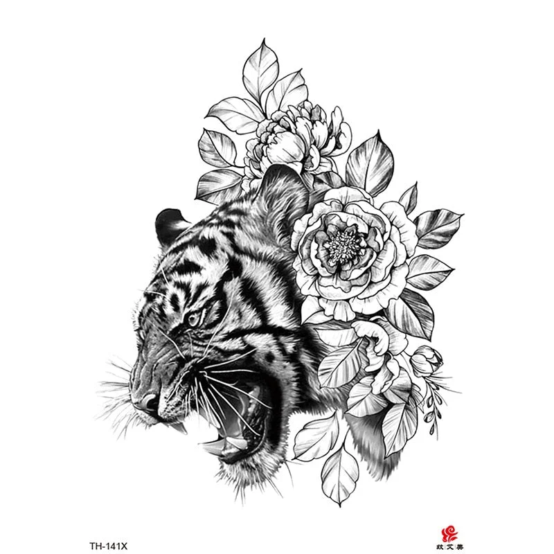 Waterproof Temporary Tattoo Sticker Lion King Clock Tiger Pattern Fake Tatto Black Body Art for Women Men Tattoo Sticker