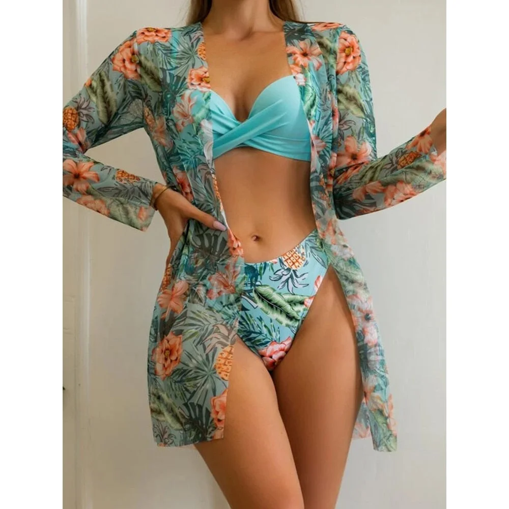 2022 Sexy Bikinis And Cover Set Women Swimsuit Printed Swimwear High Waist Summer Strappy Bathing Suit Beach Wear Biquini Female