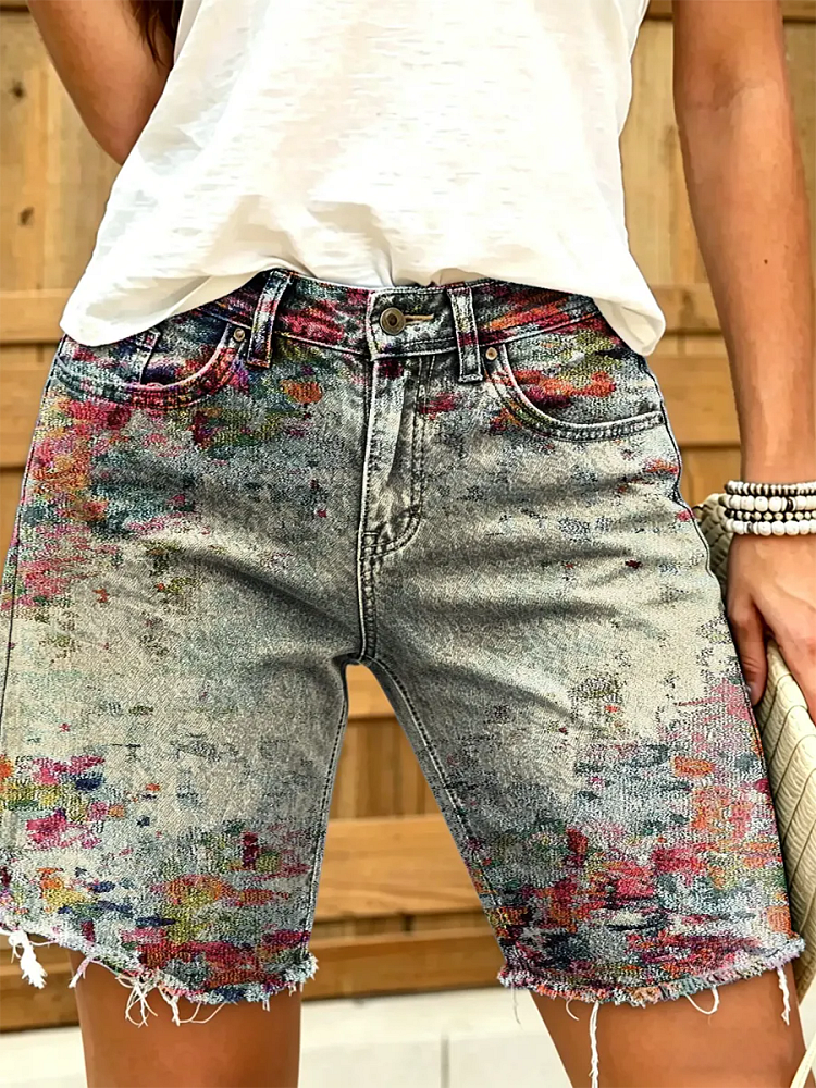 Women's Retro Multicolored Asymmetrical Artistic Print Denim Shorts