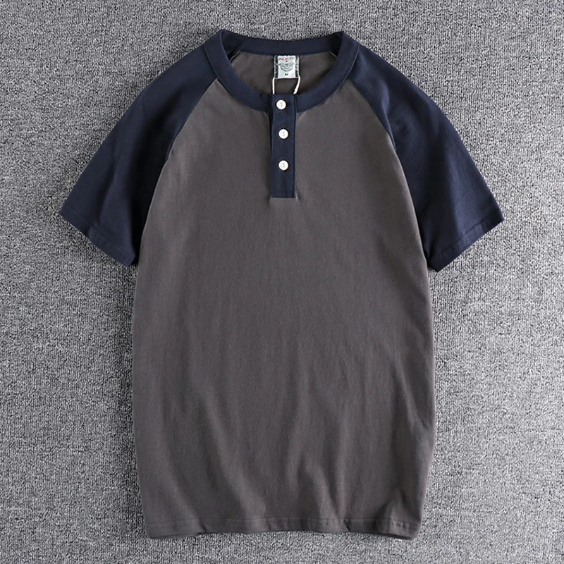 American Vintage Cotton Raglan Henley Collar Short Sleeve T-Shirt