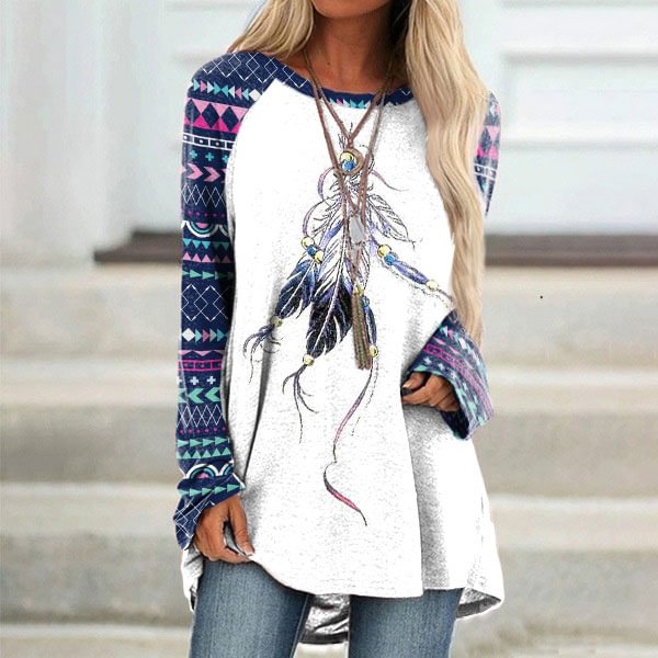 Vefave Crew Neck Feather Patchwork Totem Print Tunic