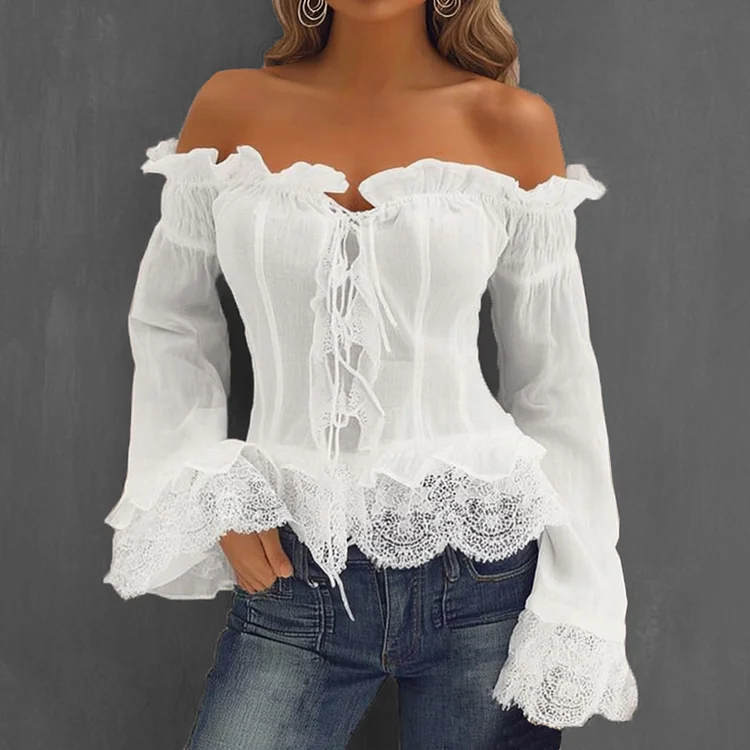 Ursime Vintage Off Shoulder Ruffled Flare Sleeve Lace Trim Blouse