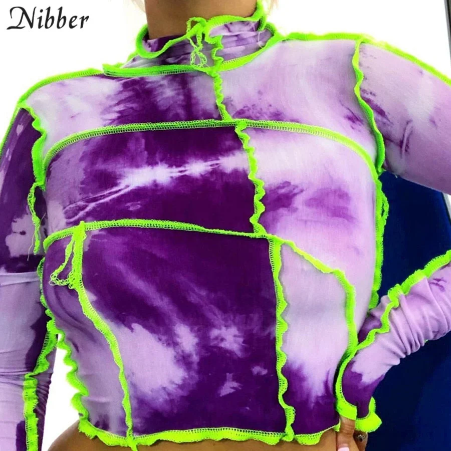 Nibber autumn Tie-dye stitching long-sleeved top T-shirt for women crop tops fashion street casual wear basic graphic tee female