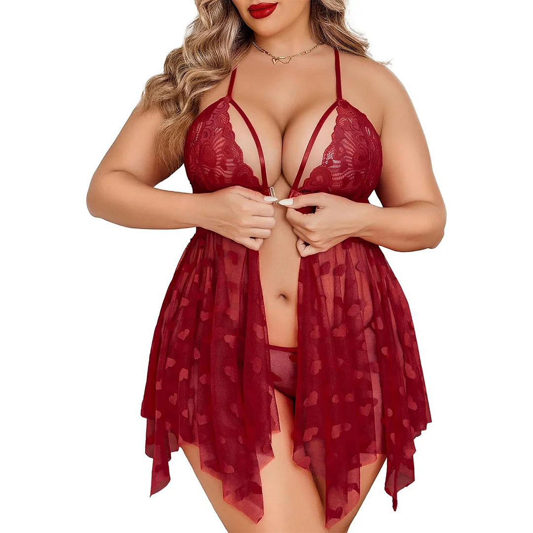 Plus Size Embroidered Bridal Lingerie Front Slit Lace Babydoll With Thong