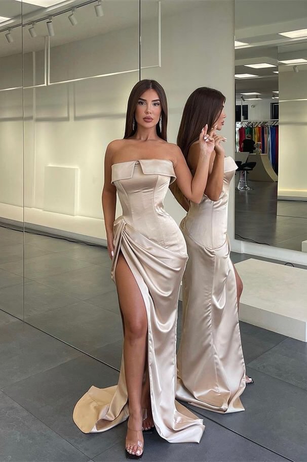 Luluslly Champagne Strapless Mermaid Evening Dress Split Long