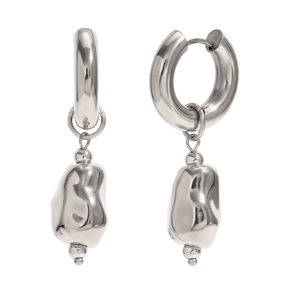 Niche Retro Personality Earrings Stainless Steel Plated 18K Gold Irregular Smooth Iron Bead Bracelet