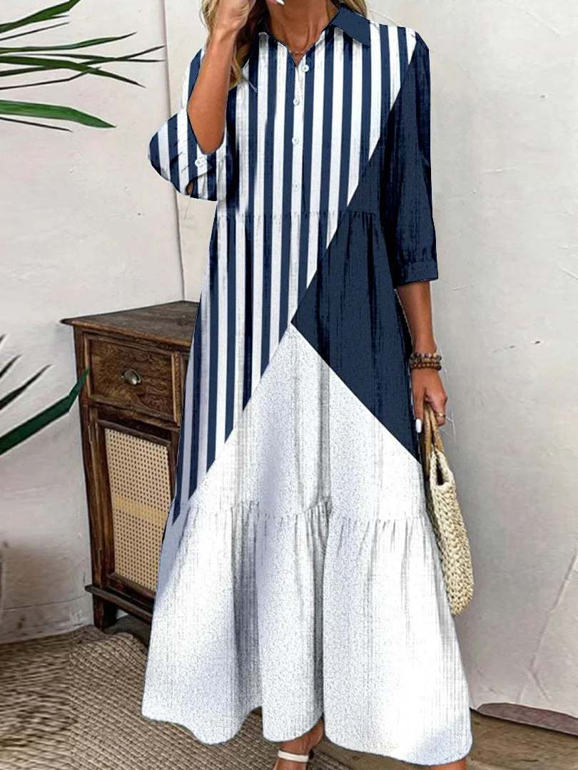 Women Half Sleeve Shirt Collar Striped Printed Graphic Button Maxi Dress