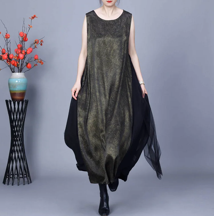 Simple Versatile Spliced Mesh Sleeveless Maxi Dress