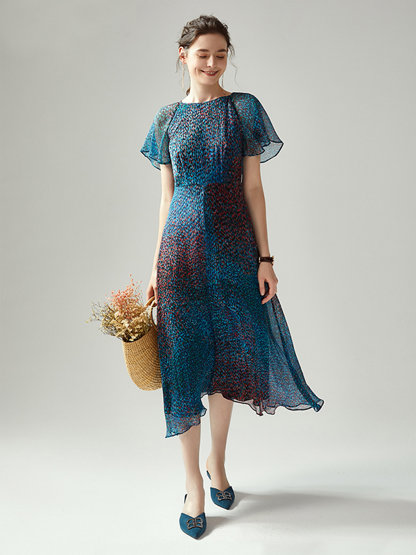 Robe en soie vintage mi-longue imprimé léopard-Soieplus