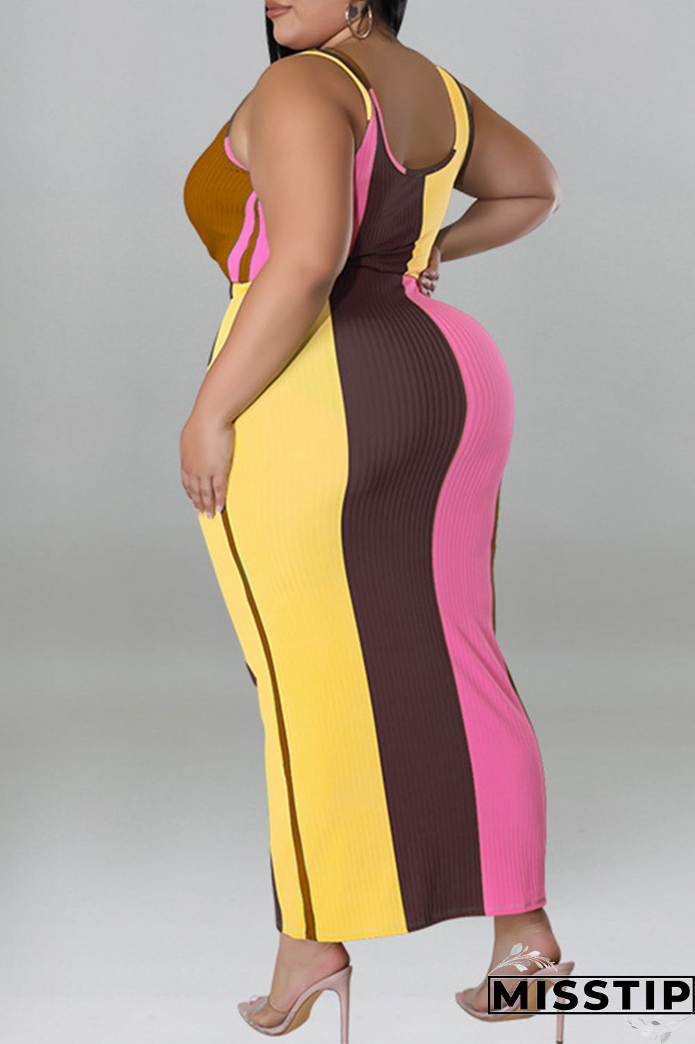 Blue Fashion Casual Striped Print Patchwork Contrast U Neck Plus Size Two Piece Set