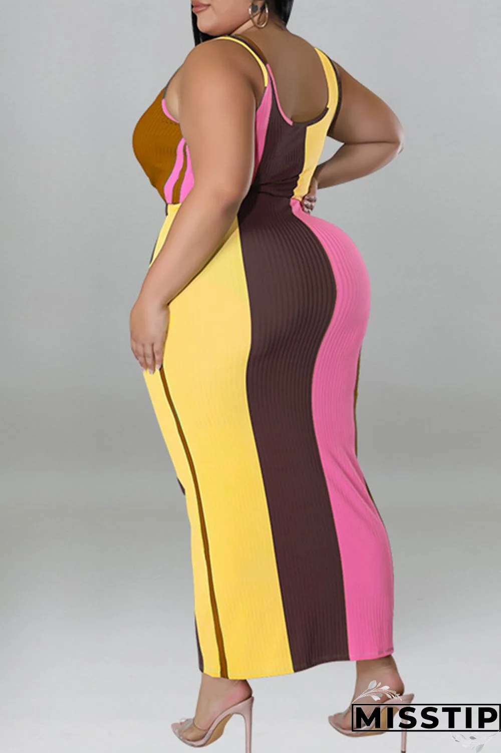 Blue Fashion Casual Striped Print Patchwork Contrast U Neck Plus Size Two Piece Set