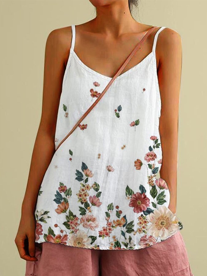Ladies Cotton Linen Botanical Floral Print Camisole