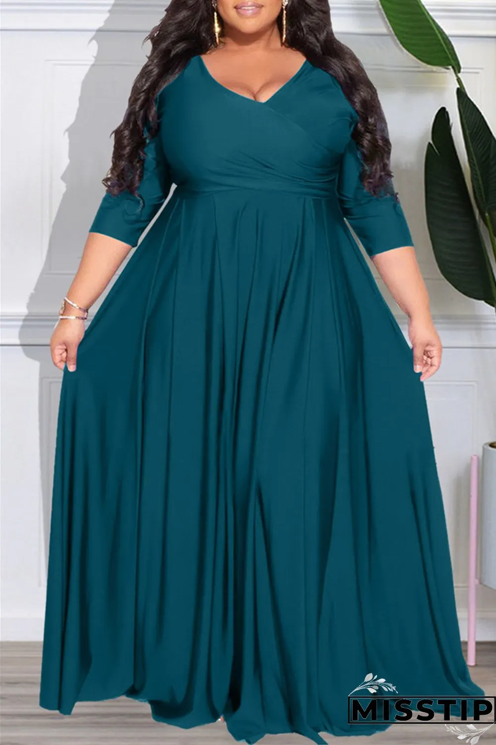 Dark Purple Casual Solid Patchwork V Neck Long Sleeve Plus Size Dresses