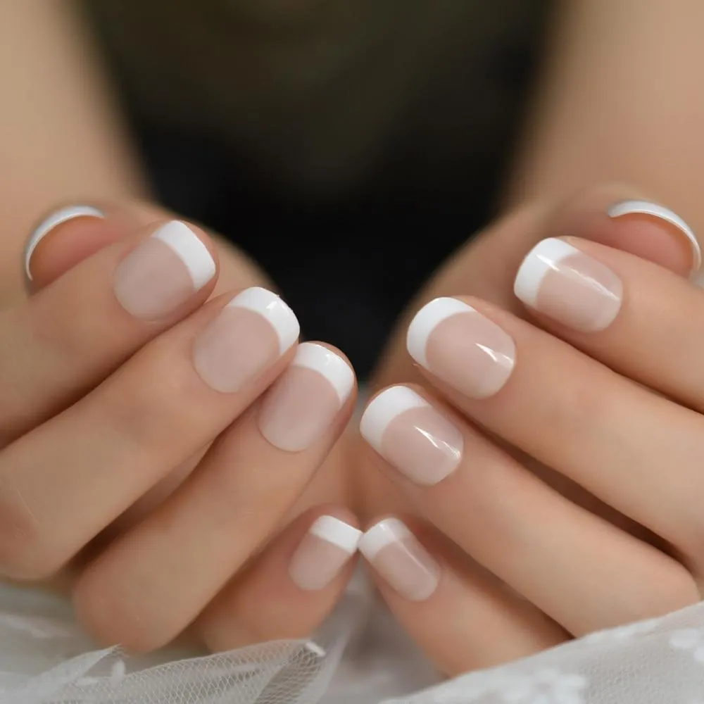 Pink Nude White French Fake Nails Squoval Square UV Gel False Press on Nails for Girl Full Cover Wear Finger Nail Art Tips 1123-Nail Inspo