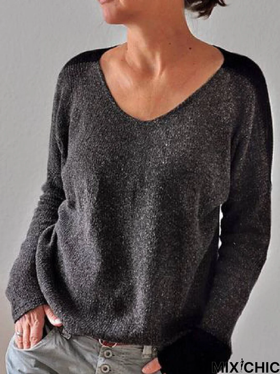 Black Casual V Neck Long Sleeve Sweater