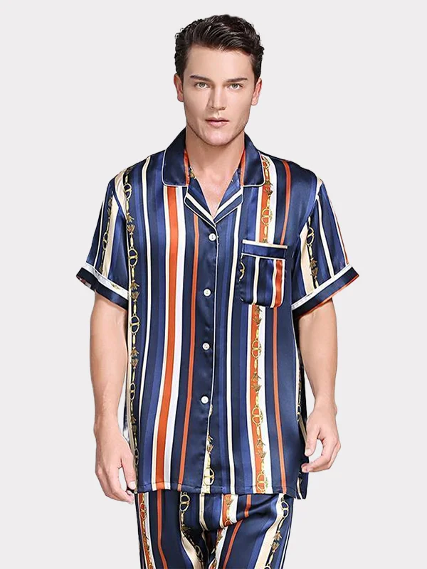 19 MOMME Pyjama en soie imprimé rayures bleues homme  1