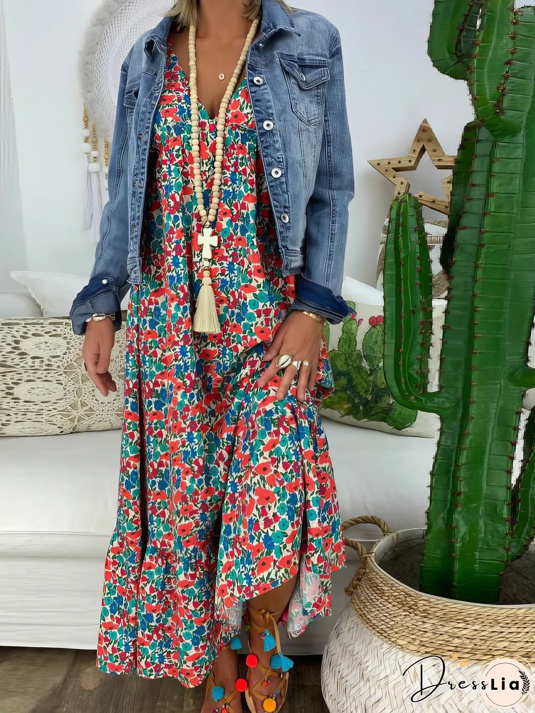 Printed Sling V-Neck Maxi Dress