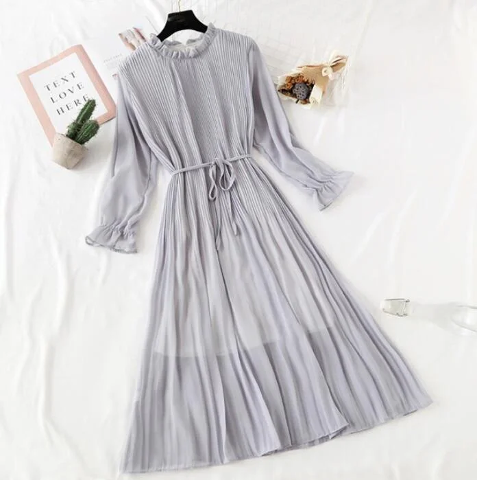 2020 Elegant Women Print Chiffon Dress Long sleeve Lotus leaf collar Pleated Dress Female Casual Midi Dresses vestidos mujer
