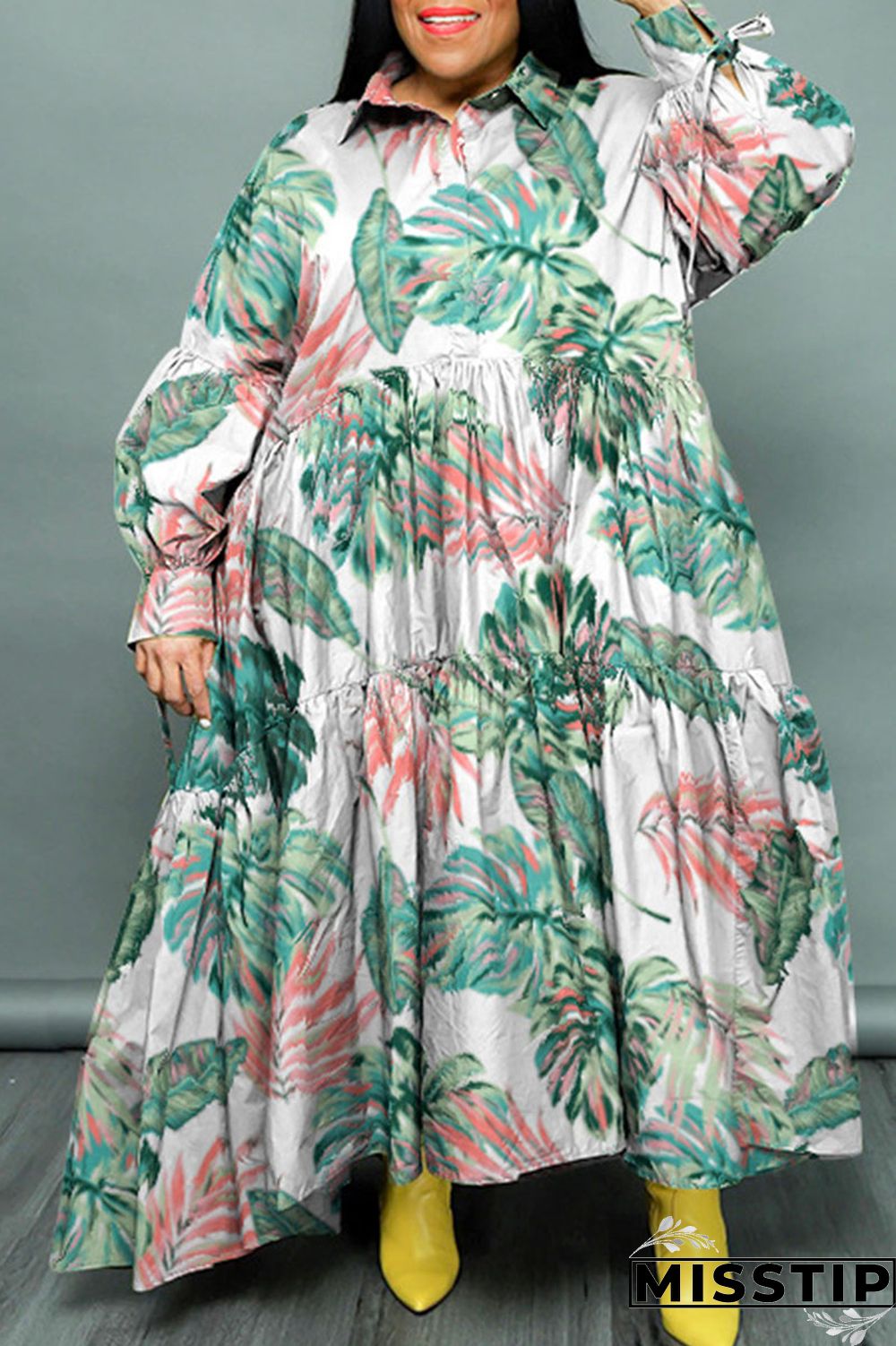 Cyan Casual Print Patchwork Buckle Fold Turndown Collar Long Dress Plus Size Dresses