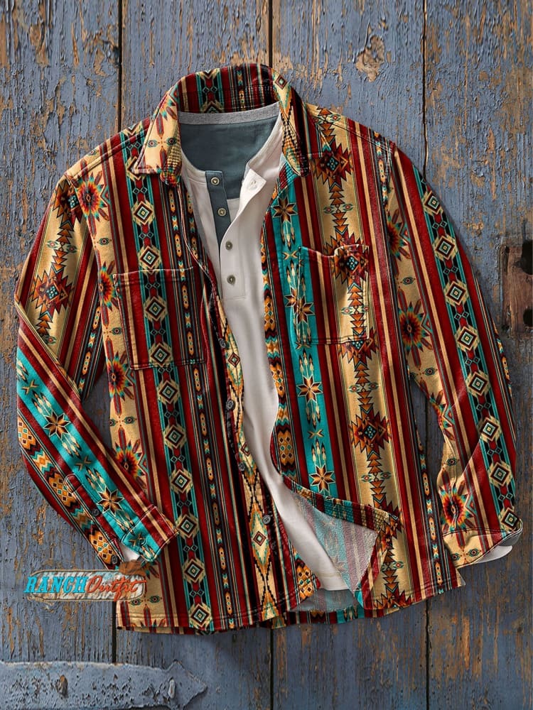 Men’s Ethic Stripe Print Casual Zip Henry Shirt As Picture / S