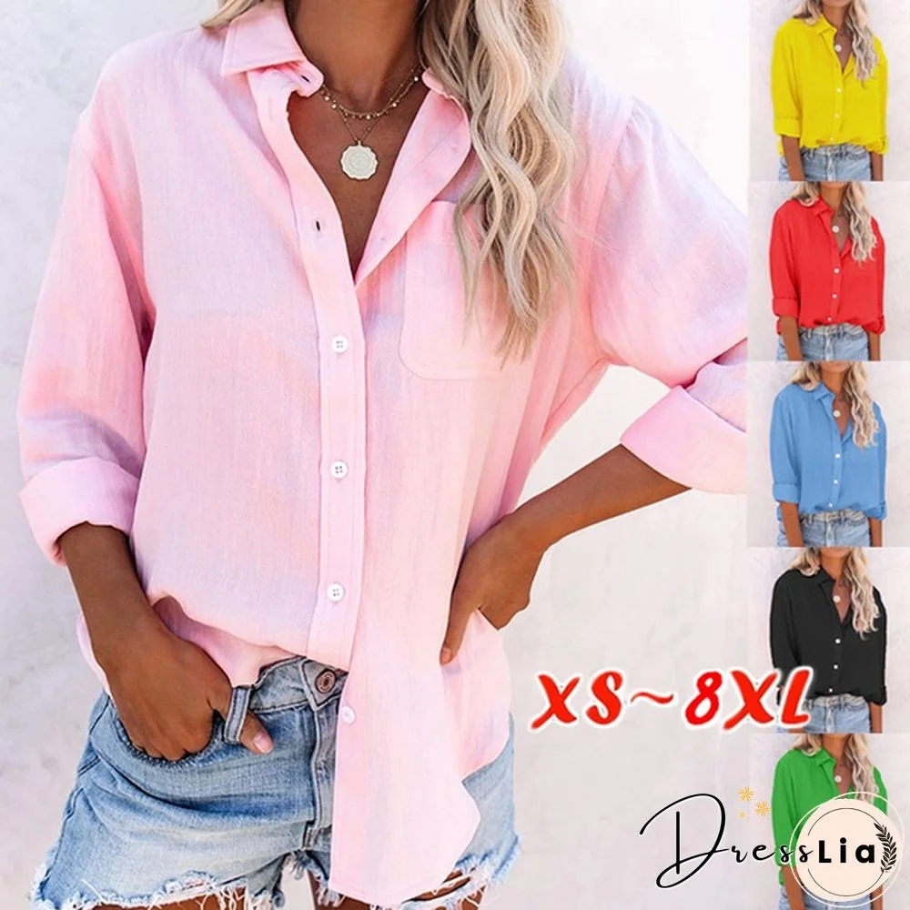 Women's Fashion Cotton Clothing Casual Long Sleeve Blouse with Pocket Pure Color Loose V-neck Tops Ladies Autumn and Winter Plus Size Clothes Buttoned Lapel Shirts XS-8XL