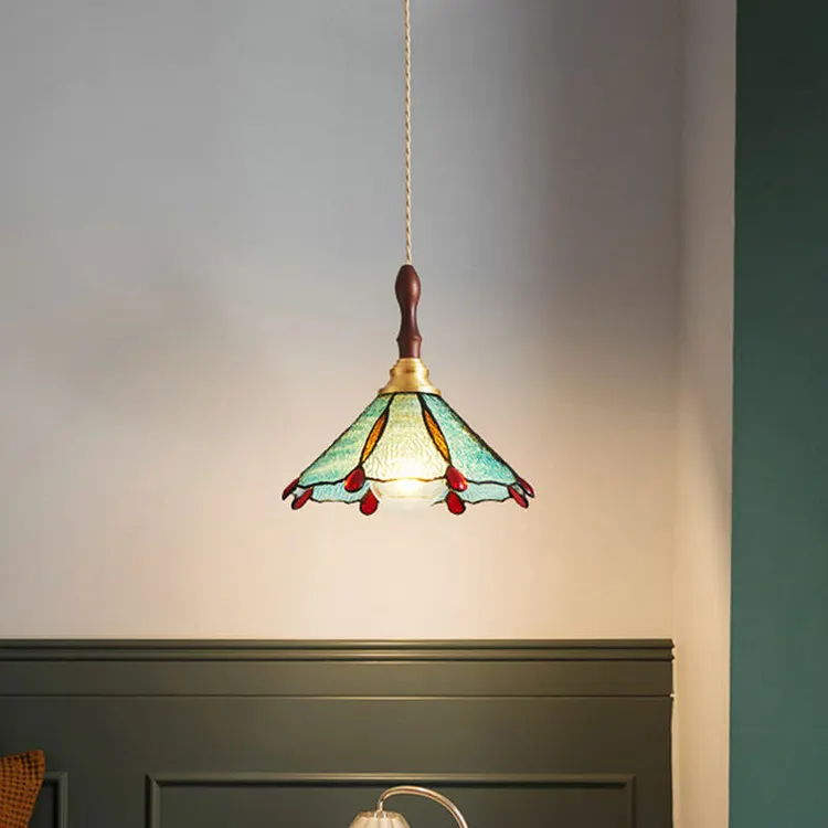 Traditional French Stained Glass Conical Shade 1-Light Pendant Light For Living Room