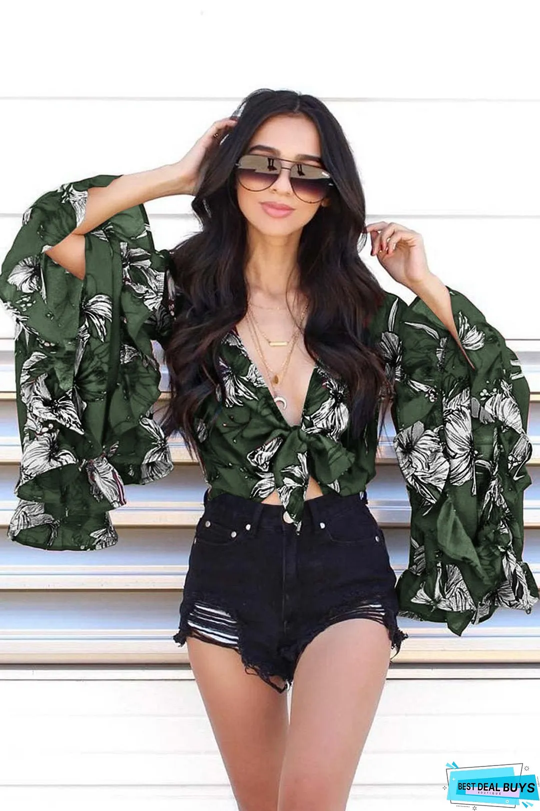 Flared Sleeve Ruffled Irregular V-Neck Top