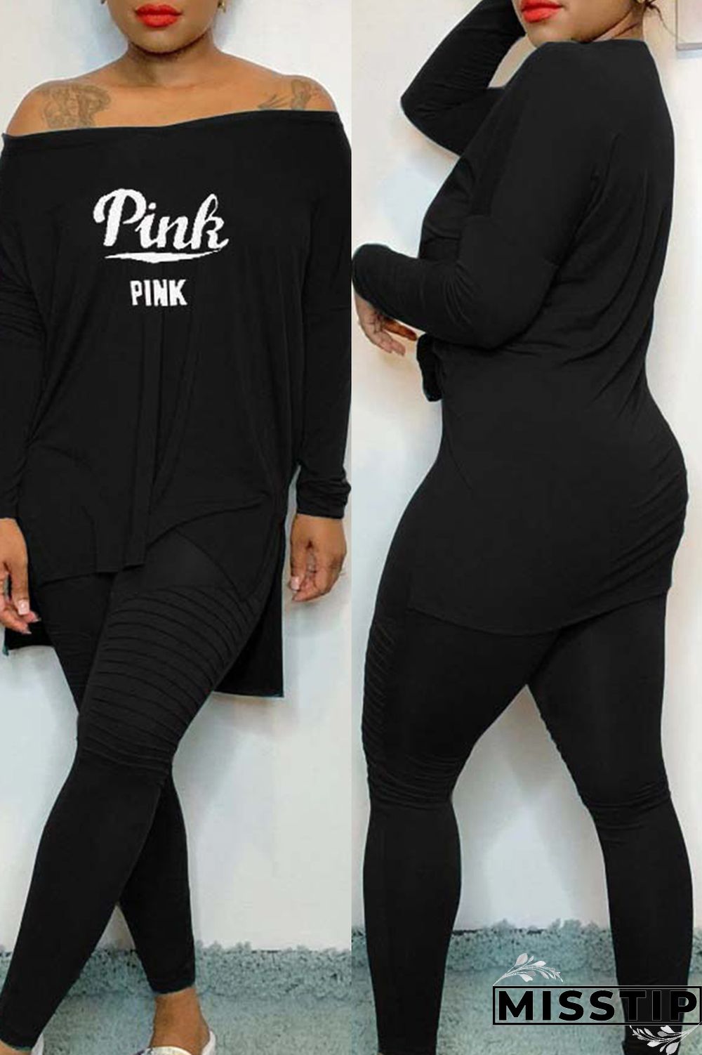 Black Casual Letter Print Slit V Neck Long Sleeve Two Pieces