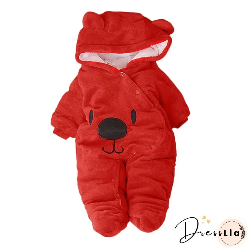 Newborn Baby Girl Boy Solid Color Cartoon Bear Velvet Hooded Jumpsuit Winter Warm Thick