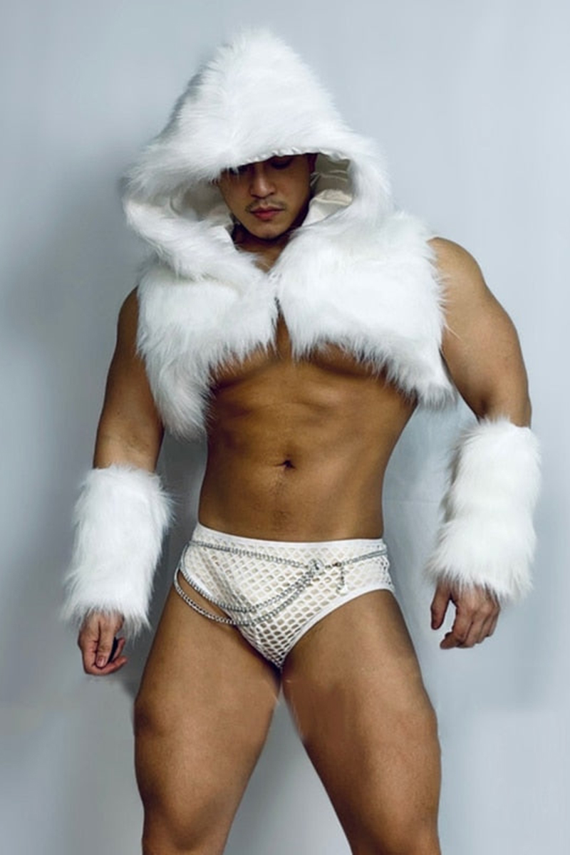 Ciciful Fuzzy Shrug Faux Fur Hooded Crop Vest Briefs Two Piece Set