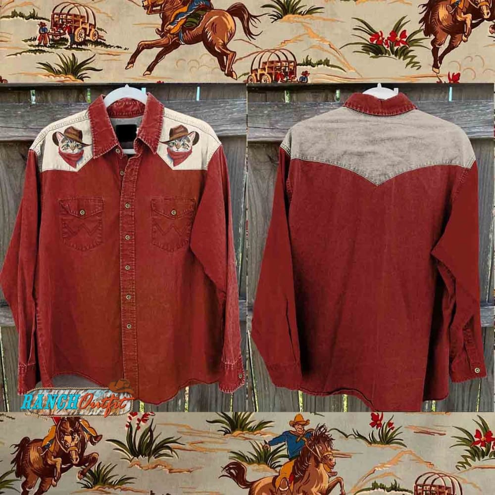 Vintage Cowboy Kitten Print Casual Shirt Multicolor / S