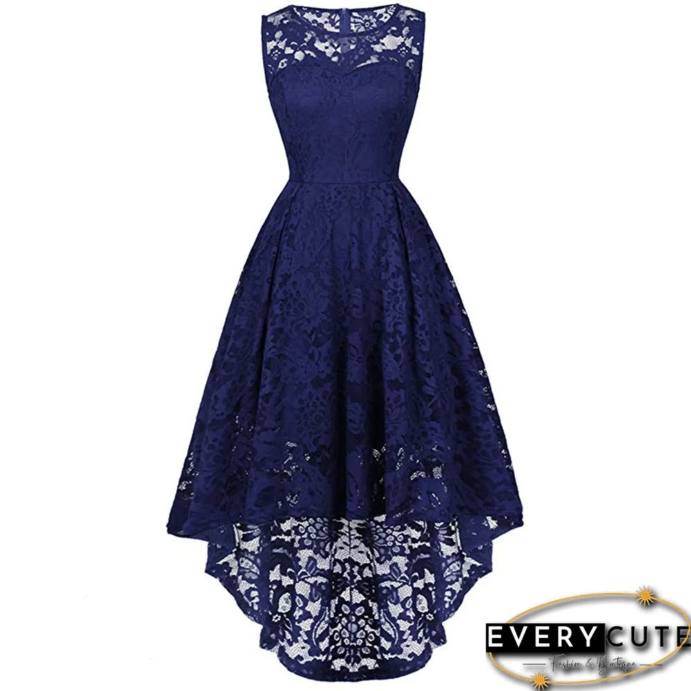 Navy Sleeveless High Low Lace Evening Dress