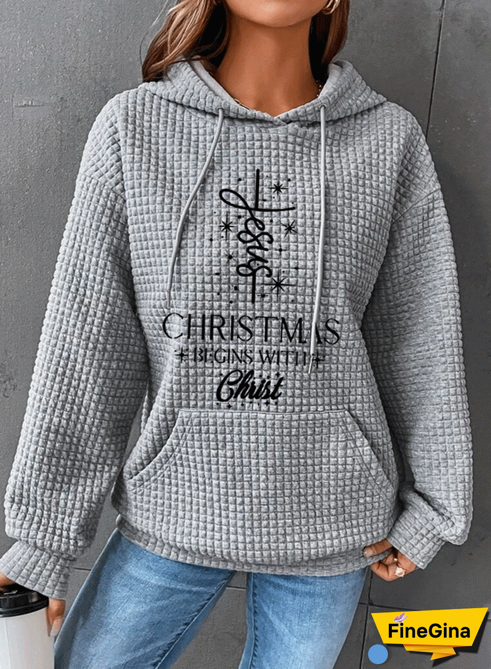 Women's Christmas Begins with Jesus Print Waffle Hoodie