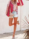 Floral Print V-Neck Long Sleeve Loose Casual T-Shirt Top