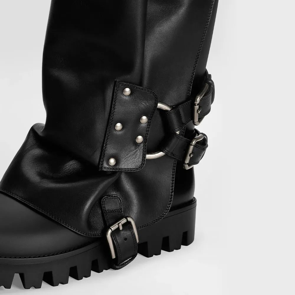 Fashion Black Vegan Leather Round Toe Flat Knee High Buckle Boots