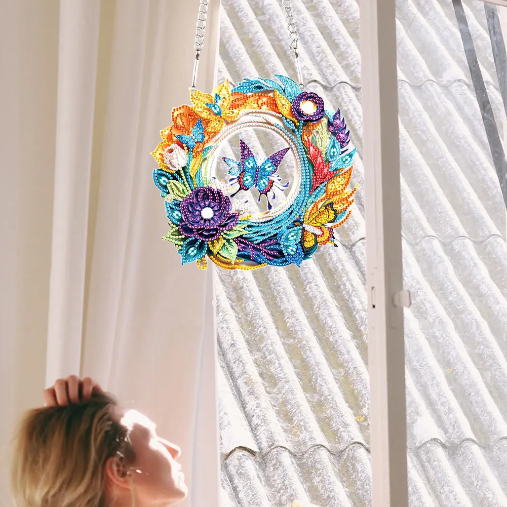 DIY Flower Butterfly Acrylic Special Shaped+Round Diamond Painting Wreath Ornament for Xmas Wall Decor