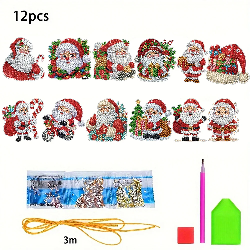12Pcs Xmas Theme 2D Flat DIY Diamond Christmas Tree Pendant Wall Door Decoration