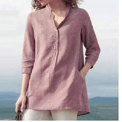 Plus Size Three-Quarter Sleeve Stand Collar Cotton and Linen Shirt VangoghDress