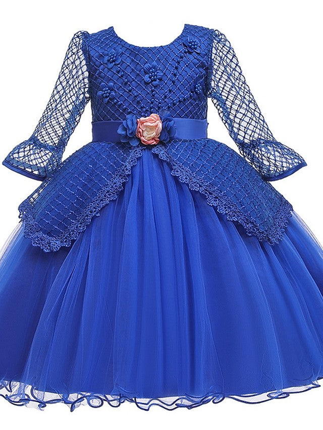 Daisda Ball Gown Long Sleeve Jewel Neck Flower Girl Dresses Tulle With Sash Ribbon Bow Beading