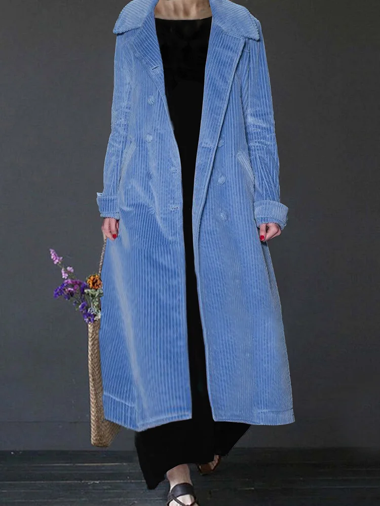 Ursime Casual Ribbed Lapel Collar Double-Breasted Long Sleeve Trench Coat
