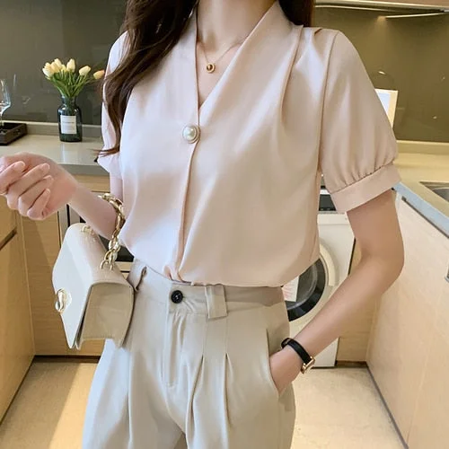 Blusas Short Sleeve Blouse Women Blouses Top Femme Tops Women Blusas Mujer De Moda 2021 Verano V-Neck Chiffon Blouse Shirt E794