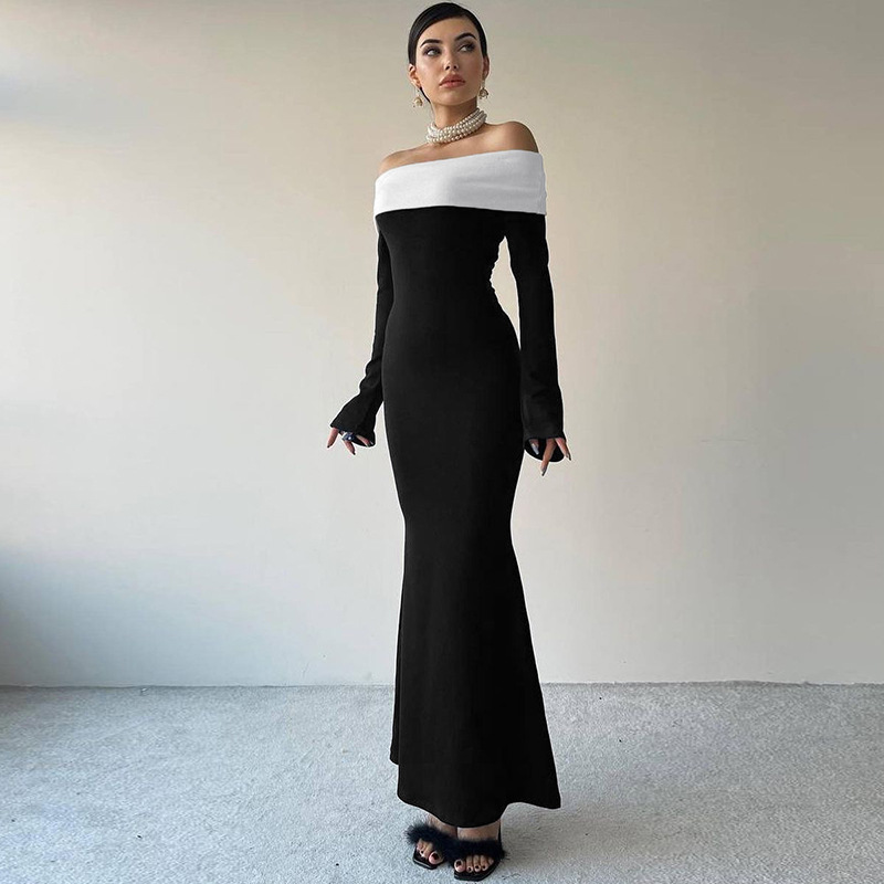 Ootddress Off-Shoulder Patchwork Slim Maxi Dress For Women Long Sleeve High Waist Elegant Backless Party Dress Female Autumn Outfit