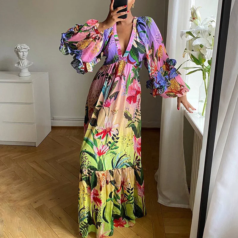Brownm Brownm Summer New Printing Gradient Lotus Leaf Side V-Neck Sexy Lanky Long Dress Dress