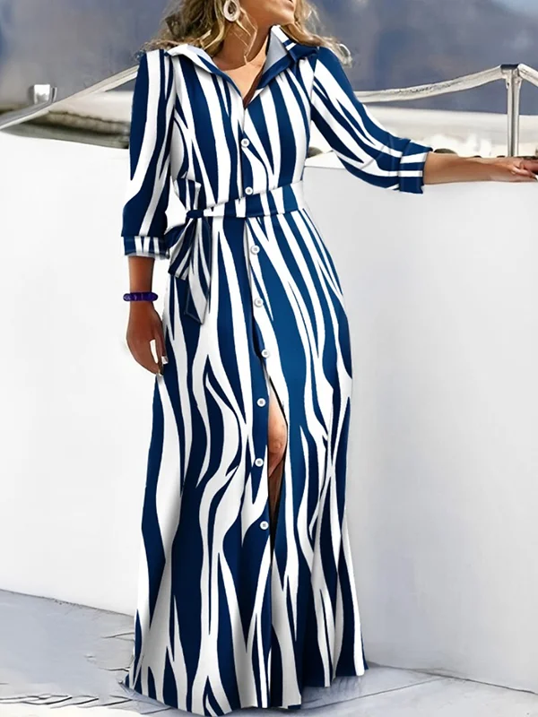 Zebra Printed Tied Waist Buttoned Loose Long Sleeves V-neck Shirt Dress Maxi Dresses