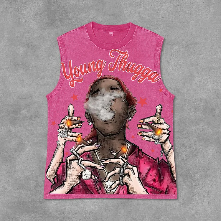 Young Thugga-Luh Lattt Graphics Print Acid Washed Sleeveless Tank Top SOPULA