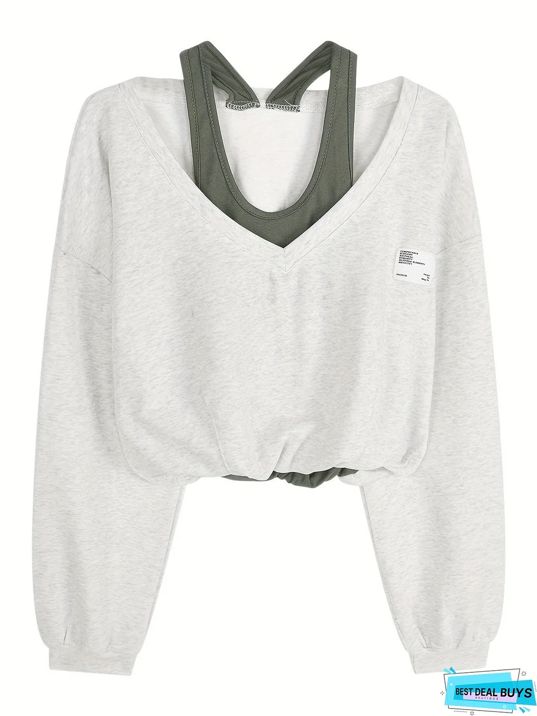 Faux Twinset Patch Pullover Sweatshirt, Casual Long Sleeve Crop Top, Women's Clothing