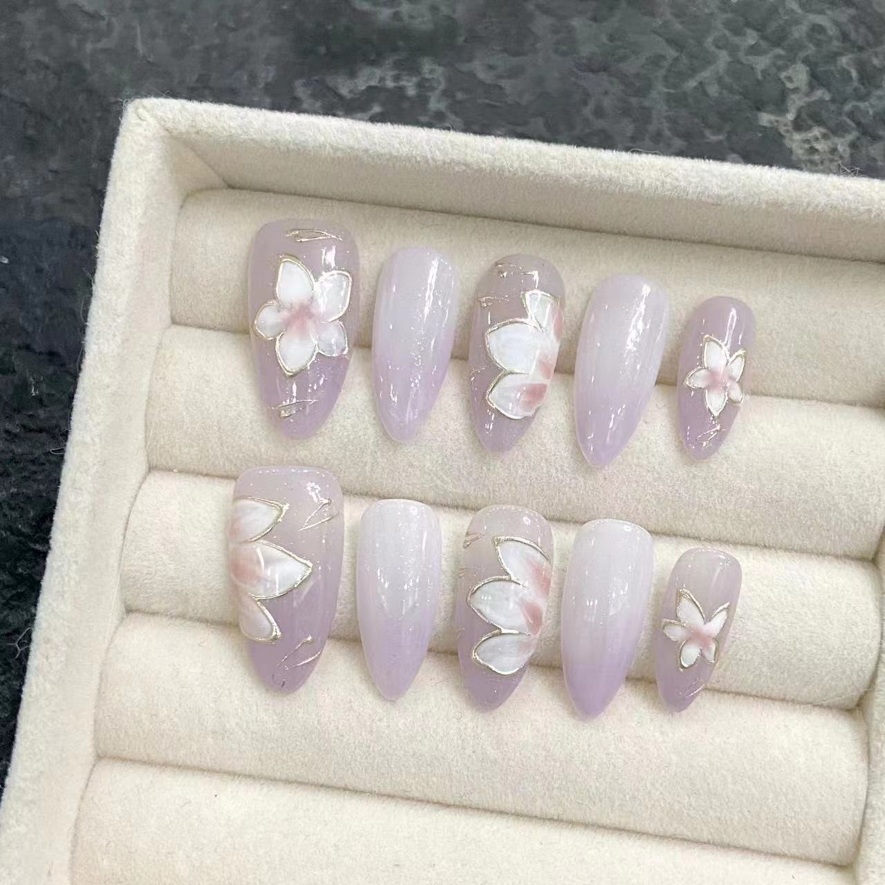 Purple Elf Ice Flower Almond Press-On Nails