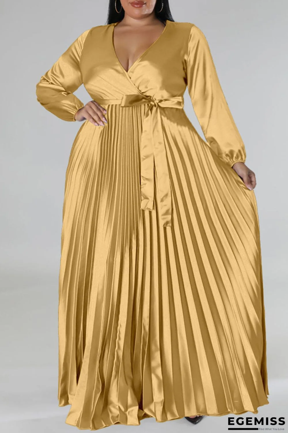 Gold Casual Solid Bandage Patchwork Fold V Neck Long Dress Plus Size Dresses | EGEMISS