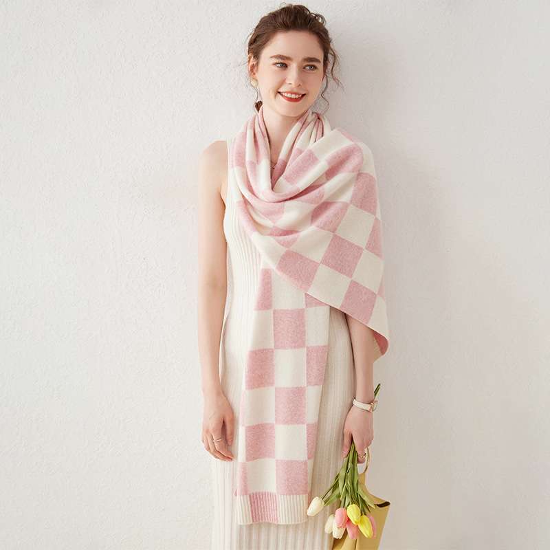 Checkboard Pattern Cashmere Scarf For Women REAL SILK LIFE